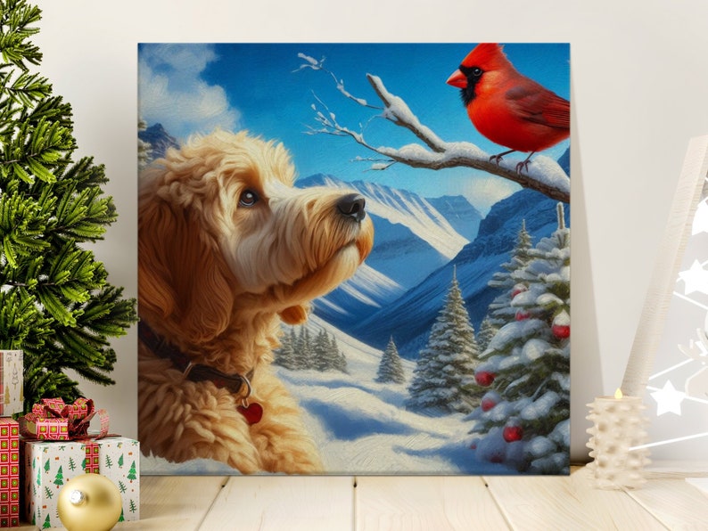 Cuadro de perro Doodle y cardenal, escena invernal. imagen 4