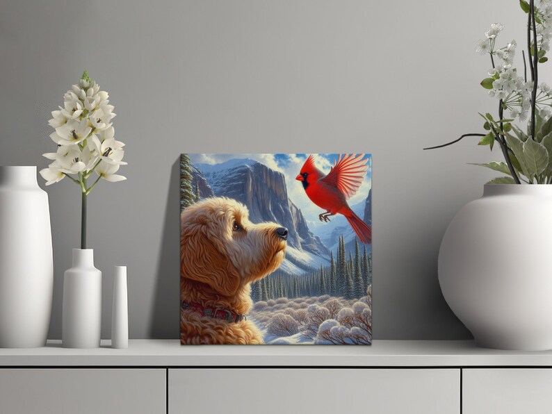 Doodle Dog and Cardinal Canvas Art - Pet Lover Gift image 4