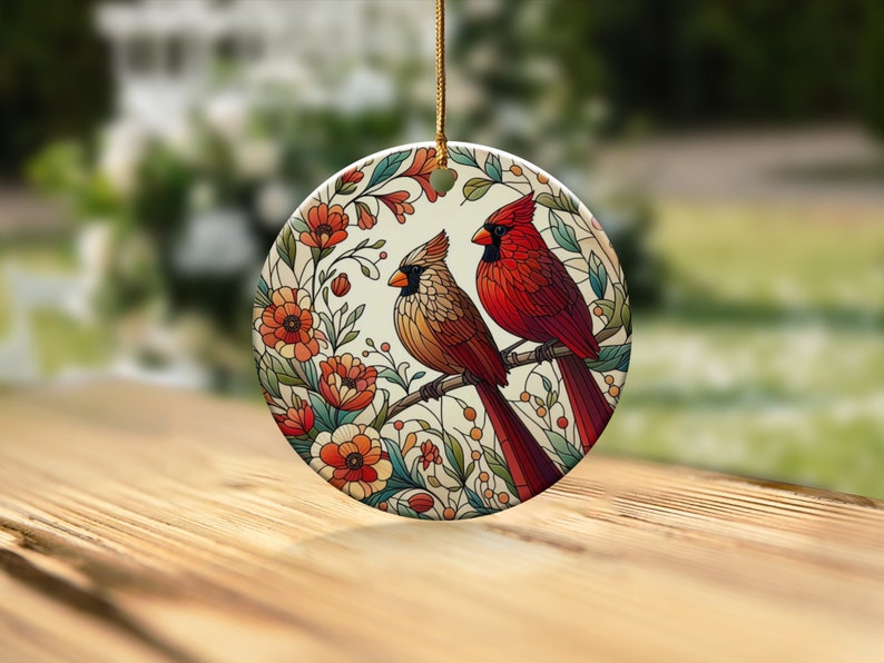 Cardinal Ceramic Ornament, Stained Glass Design, Cardinal gift, Mothers Day Gift, Bird Lovers Gift, Custom stained glass look, cardinal