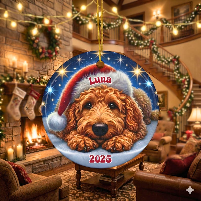 A ceramic ornament of a goldendoodle dog wearing a Santa hat, personalized with the dog's name and the year.  Gorgeously placed in a warm background with candles and Christmas lights.