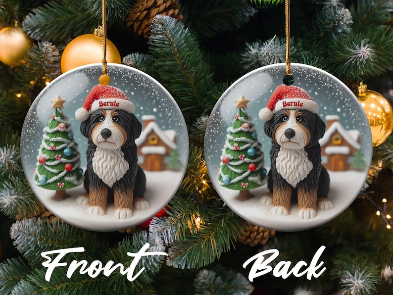 Bernedoodle Keepsake, Custom Name Ornament - Glossy Round Ceramic - Sublimation Printed Dog Lover Gift, Holiday Tree Decor image 7