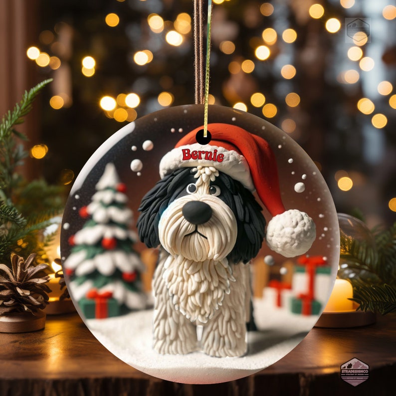 Clay-mation style bernedoodle dog inside of a snowglobe.