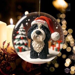 Cute Bernedoodle Ornament featuring a clay style ornament peering at the magic of Christmas.  Personalized Ornament and great gift for any doodle mom or doodle dad.
