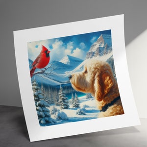 Goldendoodle Dog and Cardinal Art, Choose Canvas or Poster, Dogs and Red Cardinal, white Goldendoodle, Pet Person Gift, Doodle Mom Dad Gifts