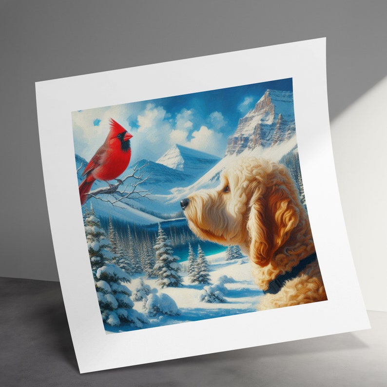 Goldendoodle Dog and Cardinal Art, Choose Canvas or Poster, Dogs and Red Cardinal, white Goldendoodle, Pet Person Gift, Doodle Mom Dad Gifts