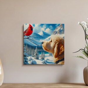Doodle Dog and Cardinal Canvas Art, Winter Scene image 9