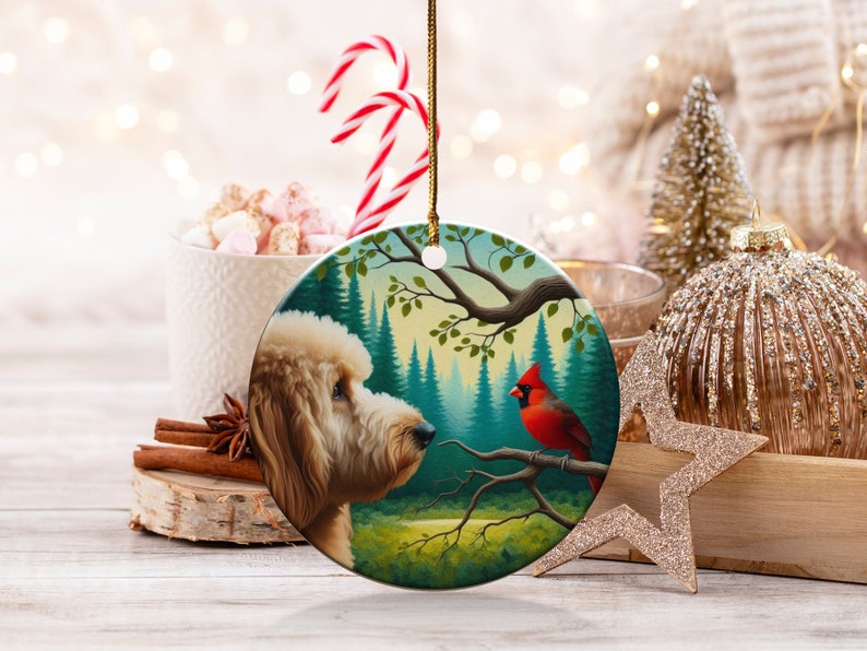 Cardinal and Goldendoodle Ceramic Ornament, Oil Paint Style Design, Cardinal Lovers Gift, Mothers Day, Bird Lover, Red Cardinal and Dog Gift