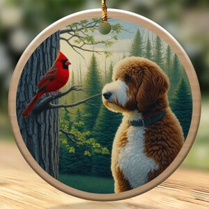 Cardinal and Goldendoodle Ceramic Ornament, Oil Paint Style Design, Cardinal Lovers Gift, Mothers Day, Bird Lovers, Doodle Dog Mom Gifts