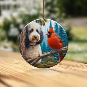 Cardinal and Bernedoodle Dog Ceramic Ornament, Oil Paint Style Design, Cardinal Lovers Gift, Mothers Day, Bird Lovers, Custom Crafted Design