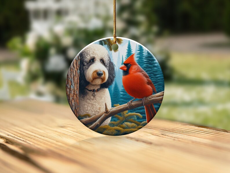 Cardinal and Bernedoodle Dog Ceramic Ornament, Oil Paint Style Design, Cardinal Lovers Gift, Mothers Day, Bird Lovers, Custom Crafted Design