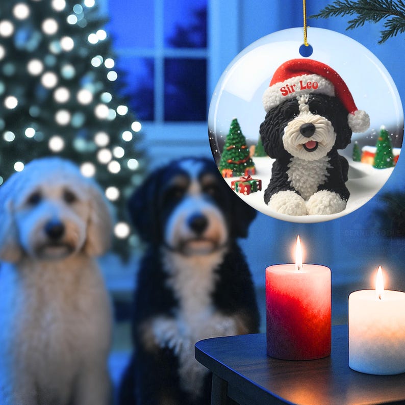 Bernedoodle Ornament, Personalized Ceramic Keepsake | Double Sided Sublimation | Custom Holiday Dog Name Decor image 6