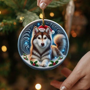 Personalized Husky Ornament, Ceramic Dog Keepsake | Two-Sided Sublimation | Brown White Pet Decor | Christmas Tree Gift image 9