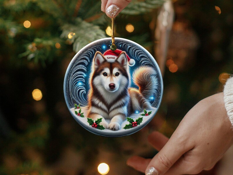 Personalized Husky Ornament, Ceramic Dog Keepsake | Two-Sided Sublimation | Brown White Pet Decor | Christmas Tree Gift image 9