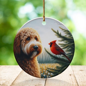 Cardinal and Doodle Dog Ceramic Ornament, Oil Paint Style Design, Cardinal Lovers Gift, Mothers Day, Bird Lovers, Custom Crafted Design Gift