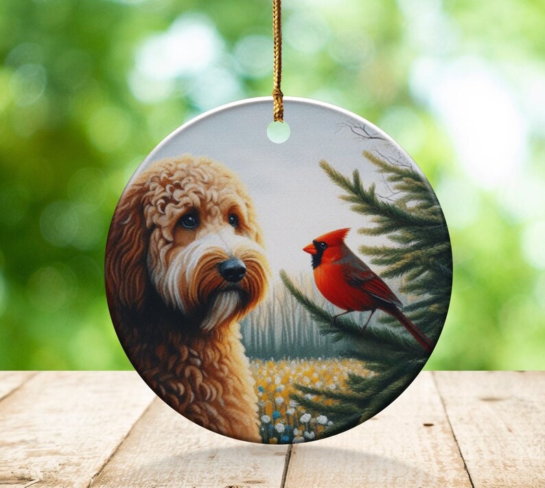 Cardinal and Doodle Dog Ceramic Ornament, Oil Paint Style Design, Cardinal Lovers Gift, Mothers Day, Bird Lovers, Custom Crafted Design Gift