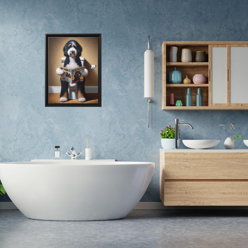 Framed Bernedoodle Toilet Portrait - Dog Reading Magazine, Bathroom Wall Art image 11