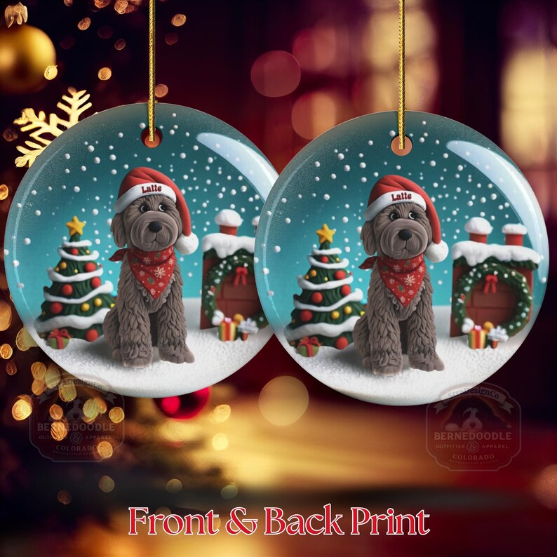 May include: Two round Christmas ornaments featuring a brown dog wearing a Santa hat and a red bandana. The ornaments have a snowy background with Christmas trees and gifts. The text "Front & Back Print" is at the bottom.