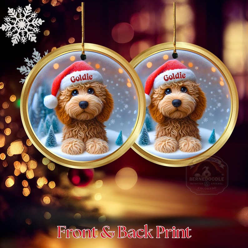 Goldendoodle ceramic 3 inch ornament in vibrant color and claymation style design.  Full gloss and printed on both sides.  It's hung with a gold string.