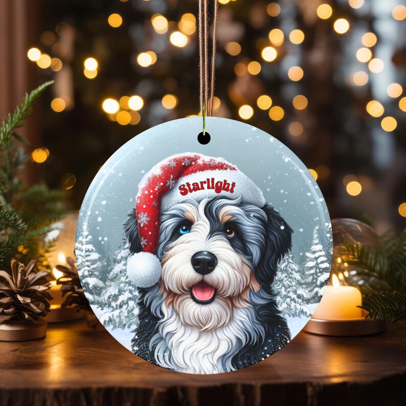 Merle Bernedoodle Ceramic Ornament, showcasing stunning blue and brown eyes. Personalized ornament with your dogs name
