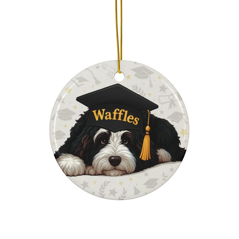 Bernedoodle Gift, Personalized Dog Graduation Ornament | Ceramic Sublimation Keepsake | Obedience School Milestone Decor image 1