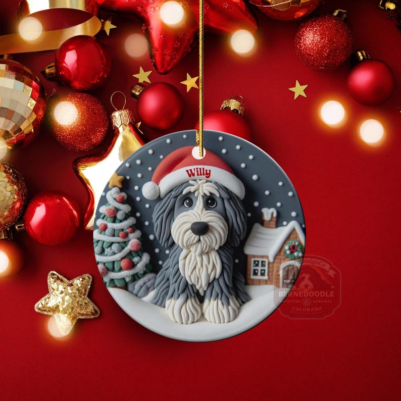 Christmas dog sheepadoodle ceramic ornament hanging on display in the Christmas living room!  Cute santa hat puppy decor, personalized pet ornament, holiday tree decoration, custom dog gift, festive pet decor.  Doodle lover Christmas decoration for Sheepadoodle Sheepa Doodle Moms!