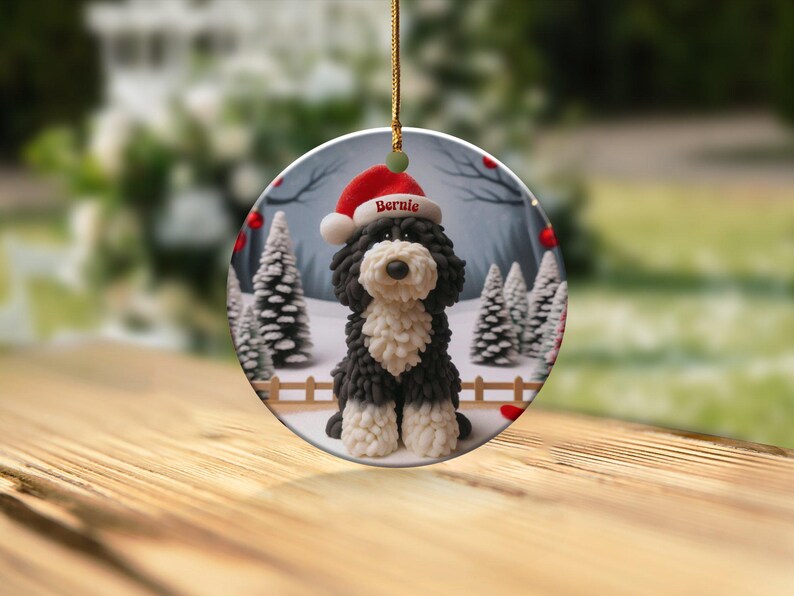 Enfeite de Bernedoodle, Lembrança de Cachorro com Gorro de Papai Noel | Cerâmica Dupla Face | Decoração Festiva para Árvore de Natal por Sublimação imagem 6