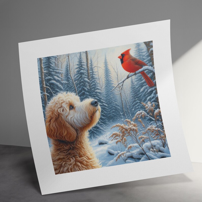 Cuadro decorativo sobre lienzo con escena invernal del cardenal Bernedoodle imagen 9