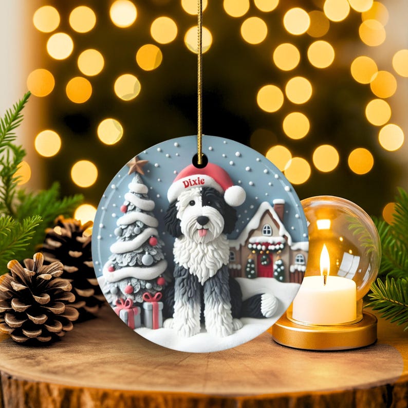 Sheepadoodle, Snow Globe Scene Ceramic Ornament | Sublimation | 3 Inch Custom Dog Name, Pet Lover Gift image 9