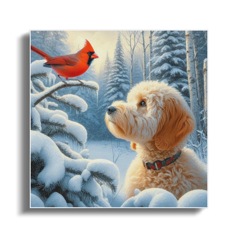 Goldendoodle Dog and Cardinal Art, Choose Canvas or Poster, Dogs and Red Cardinal, white Goldendoodle, Pet Person Gift, Doodle Mom Dad Gifts