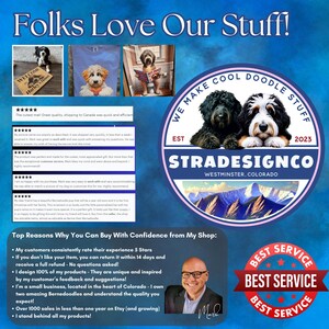 May include: Promotional image with the text "Folks Love Our Stuff!" and "We Make Cool Doodle Stuff." Includes images of Bernedoodles, a welcome mat, and a t-shirt. Also features customer reviews and a shop owner's photo.