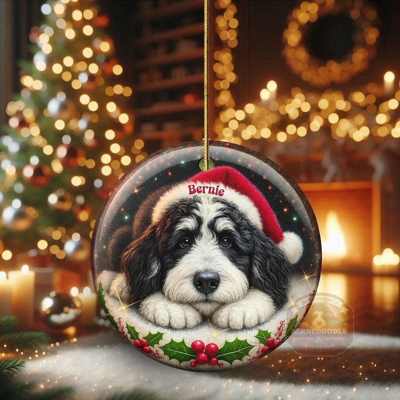 May include: A round Christmas ornament featuring a Bernedoodle dog wearing a Santa hat with the name "Bernie" on it. The ornament has a gold string for hanging and is decorated with holly and berries.