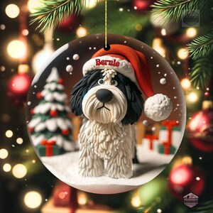 Clay-mation style bernedoodle dog inside of a snowglobe.