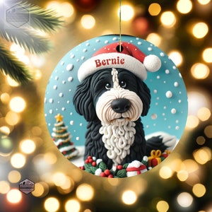 Cute clay style bernedoodle looking worried that Santa isnt coming.  Personalized bernedoodle ornament.