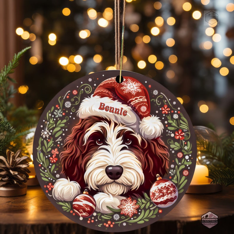 Holiday Bernedoodle Ornament with Custom Santa Hat - Personalized Festive Dog Decor
