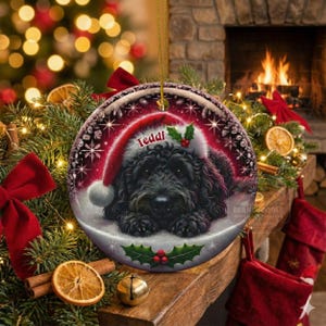 May include: A round Christmas ornament featuring a black dog wearing a Santa hat with the name "Teddi". The ornament has a red and white background with snowflakes and holly. A gold string is attached for hanging.
