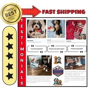 K&ouml;nnte beinhalten: Eine Werbegrafik mit Kundenbewertungen und Produktfotos von personalisierten Artikeln mit Bernedoodle-Hundeillustrationen. Das Layout enth&auml;lt ein goldenes 100% best quality Siegel, einen fast shipping Pfeil, f&uuml;nf schwarze Sterne und den Text TESTIMONIALS.
