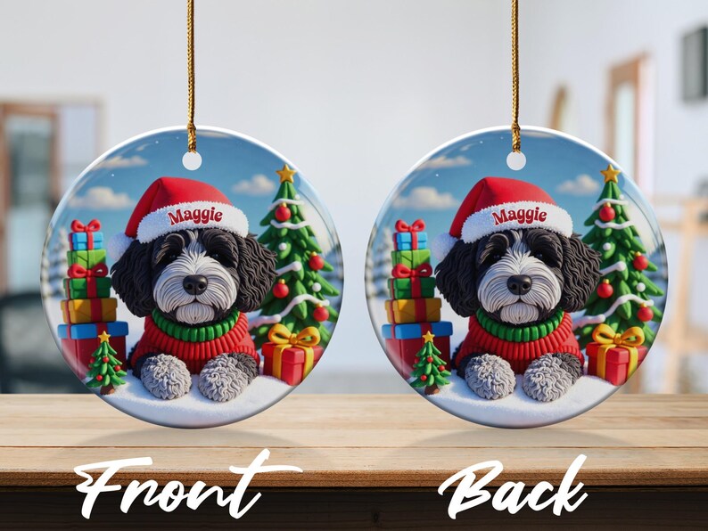 Dog Christmas Ornament, Santa Hat Dog Ornament, Holiday Tree Decoration, Pet Lover Gift, Cute Dog and Presents Decor