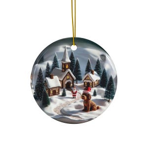 Christmas village ornament, holiday decor, Santa and dog ornament, winter scene hanging decoration, festive home accent