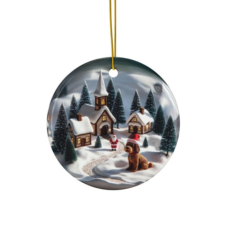 Christmas village ornament, holiday decor, Santa and dog ornament, winter scene hanging decoration, festive home accent