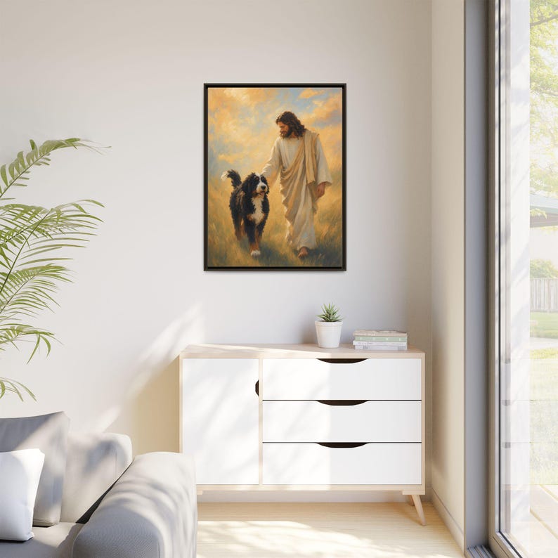 Jesus With Bernedoodle Framed Canvas image 14