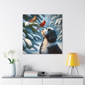 Bernedoodle canvas art, cardinal bird print, mid-west woods decor, dog and nature wall art, cotton canvas print, indoor vibrant artwork, 100% cotton art, detailed animal canvas, large wall canvas, pet lover gift, nature-inspired decor