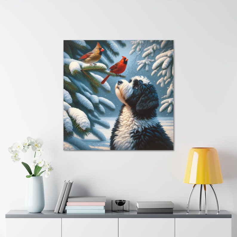 Bernedoodle canvas art, cardinal bird print, mid-west woods decor, dog and nature wall art, cotton canvas print, indoor vibrant artwork, 100% cotton art, detailed animal canvas, large wall canvas, pet lover gift, nature-inspired decor