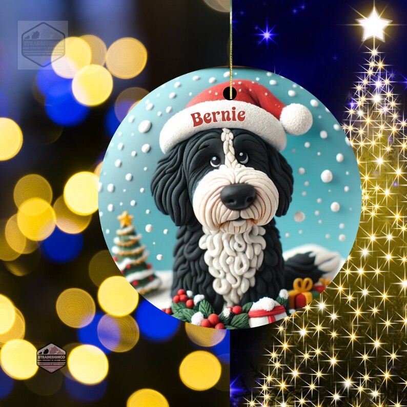 Cute clay style bernedoodle looking worried that Santa isnt coming.  Personalized bernedoodle ornament.