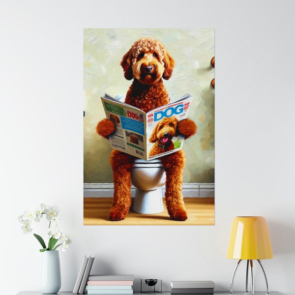 Funny Goldendoodle Bathroom Poster: Dog Reading on Toilet