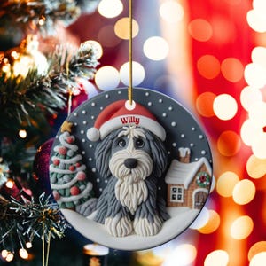 Christmas dog sheepadoodle ceramic ornament hanging on display in the Christmas living room!  Cute santa hat puppy decor, personalized pet ornament, holiday tree decoration, custom dog gift, festive pet decor.  Doodle lover Christmas decoration for Sheepadoodle Sheepa Doodle Moms!