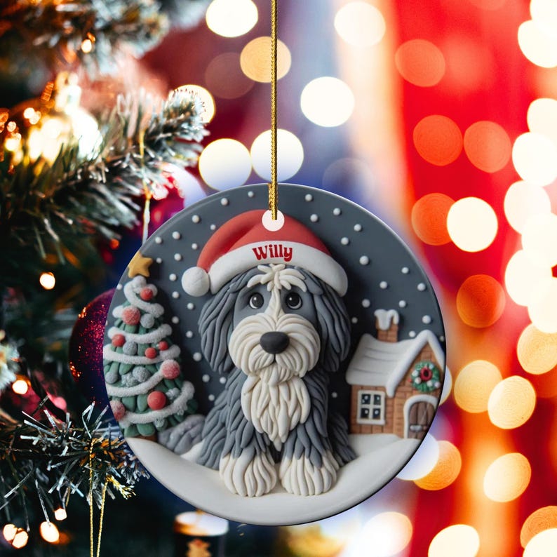 Christmas dog sheepadoodle ceramic ornament hanging on display in the Christmas living room!  Cute santa hat puppy decor, personalized pet ornament, holiday tree decoration, custom dog gift, festive pet decor.  Doodle lover Christmas decoration for Sheepadoodle Sheepa Doodle Moms!