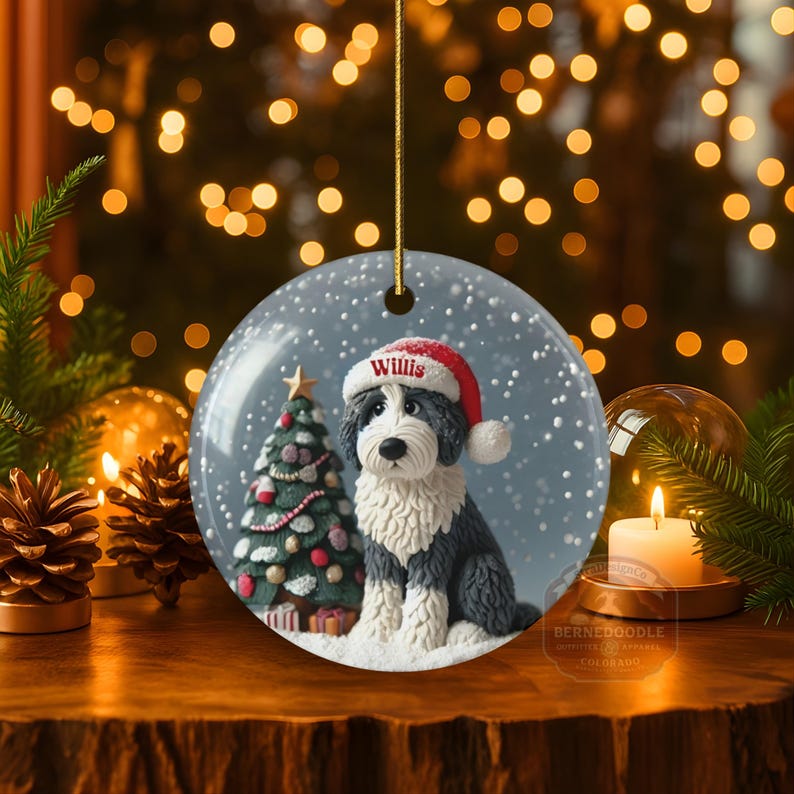 Personalized Sheepadoodle Christmas Ornament, Snow Globe Art Dog Keepsake | Two-Sided Ceramic 3 Inch | Doodle Mom Gift image 7