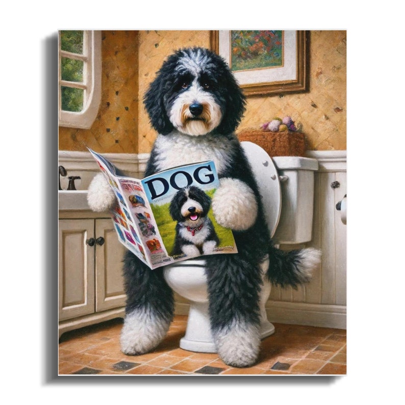 Grappige Bernedoodle op het toilet, canvas, badkamerkunst voor hondenliefhebbers (20x24) afbeelding 2