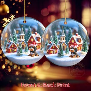 Snow globe style design personalized ceramic bernedoodle ornament with a warm backdrop Christmas dog ornament with festive winter scene.  Great gift idea for doodle moms and doodle dog lovers! Front back designs.