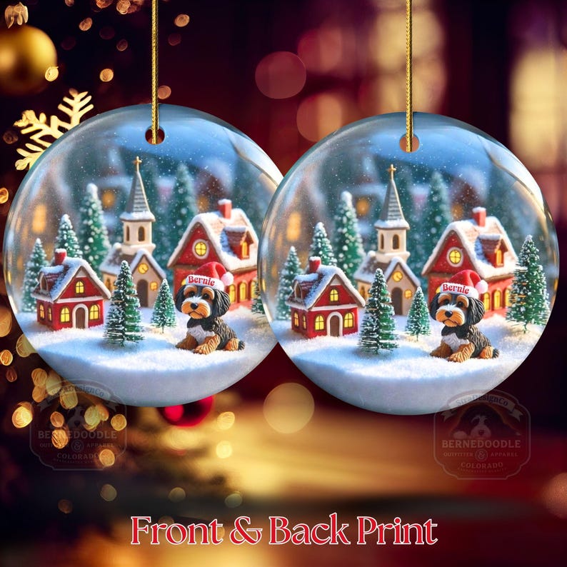 Snow globe style design personalized ceramic bernedoodle ornament with a warm backdrop Christmas dog ornament with festive winter scene.  Great gift idea for doodle moms and doodle dog lovers! Front back designs.